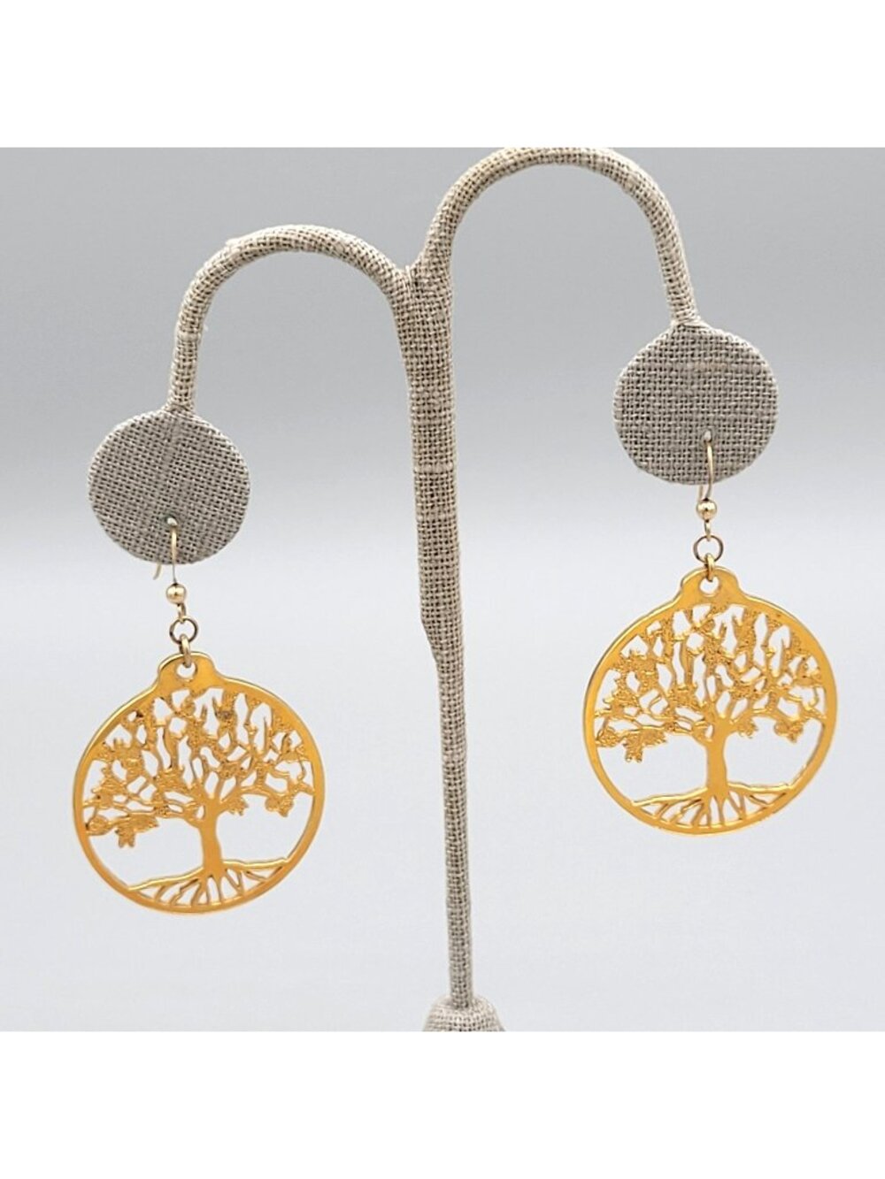 Tree Of Life Gold Tone Round Dangle Earrings Peace Bronze Cutout Motif
